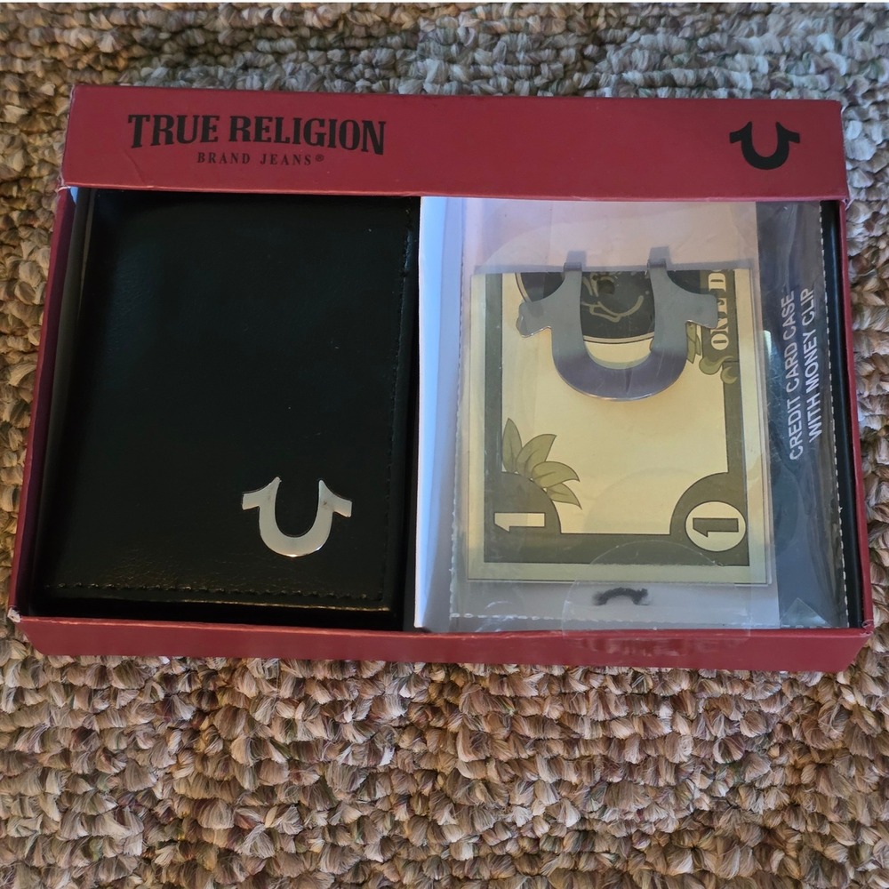 NEW True Religion Spade Wallet and Money Clip Gift Set Black Nickel TR505048